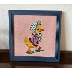 Vintage 1975 Framed Spring Girl Chick Duck Cross Stitch 15'' x 15'' Wall Art‎